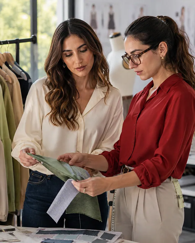 Selvage Global Sourcing team reviewing fabric samples