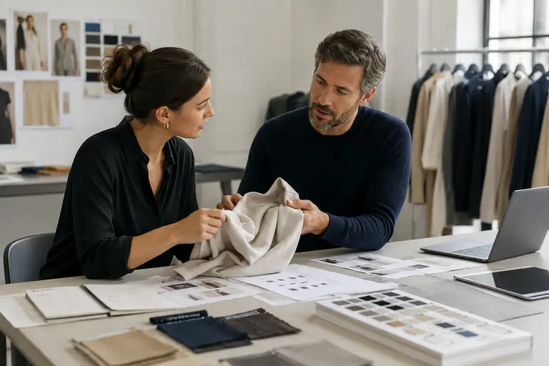 Apparel team reviewing fabric samples during a sourcing consultation