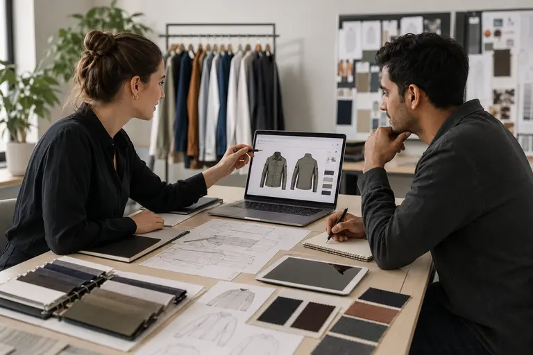 Designer reviewing garment tech pack sketches and fabric references