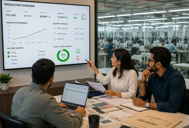 Garment production floor with coordinated manufacturing follow-up